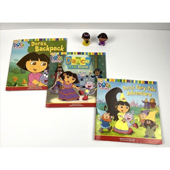Dora the Explora Paperback Book Lot of 3 with 2" figurines - Picture 1 of 16